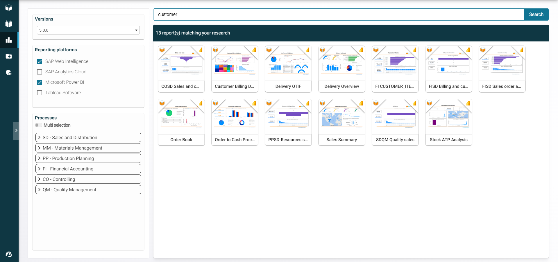 Vue d'ensemble de l'Analytics Hub de RapidViews, plateforme centralisée pour accéder à l'ensemble des rapports, KPI et dashboards SAP.