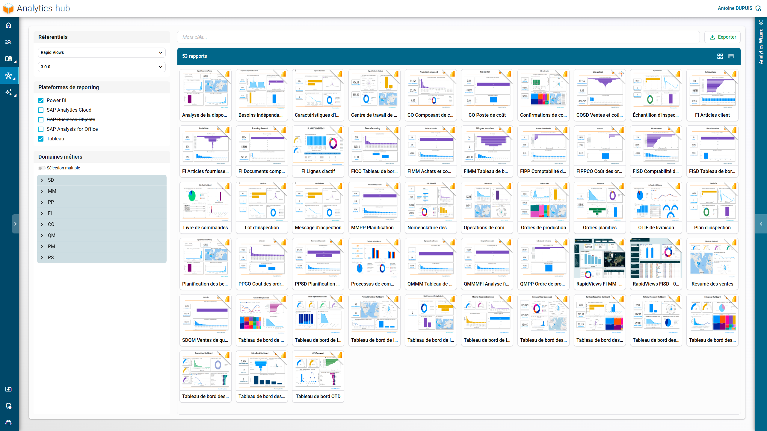 Interface du Analytics Hub de RapidViews, centralisant l'accès aux analyses et rapports SAP.