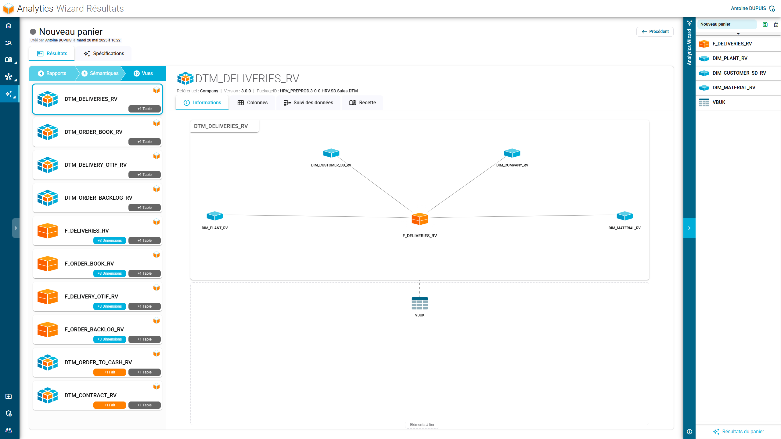 Interface du Wizard Analytics complet dans RapidViews, pour la création guidée de rapports SAP.