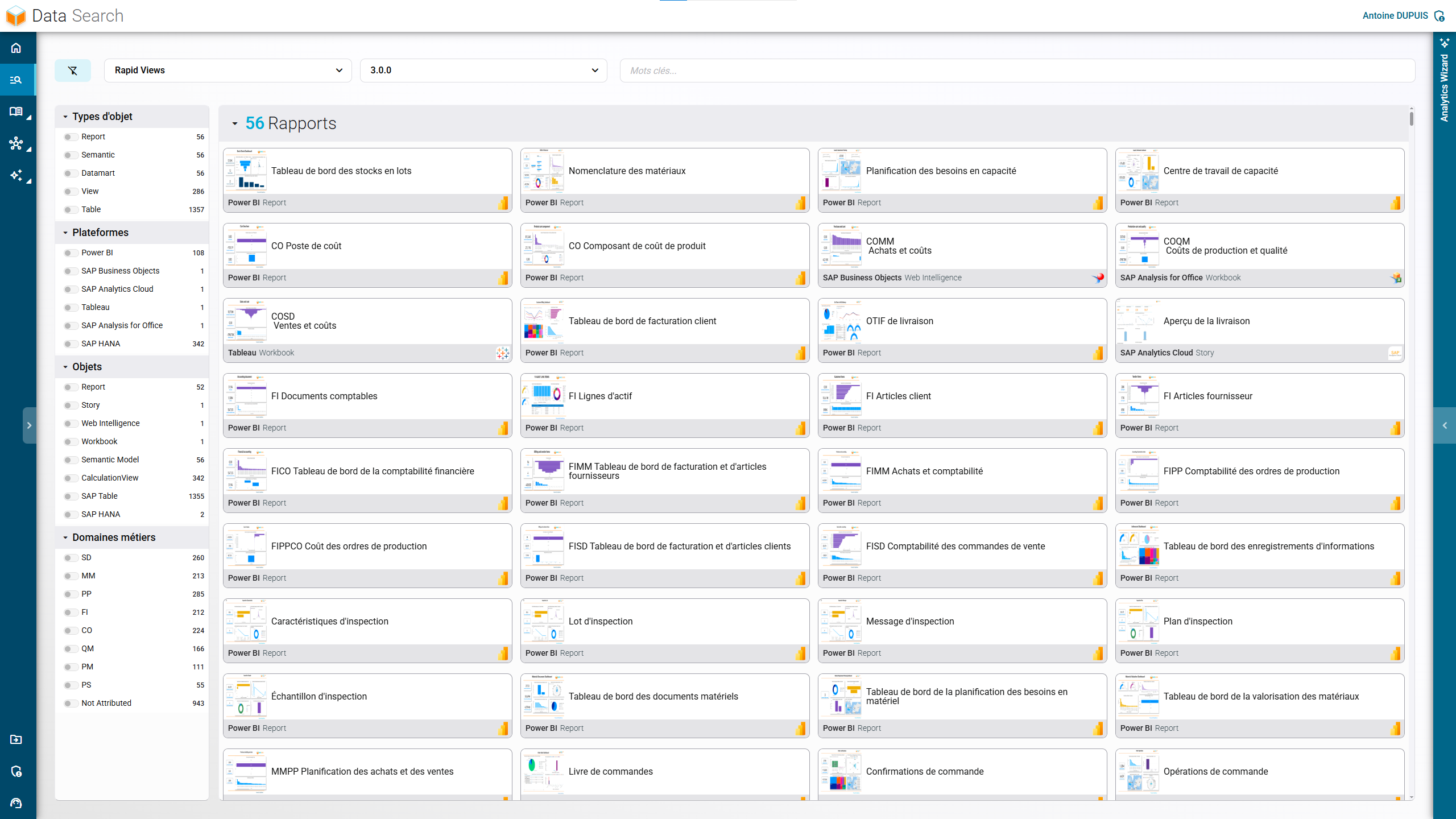 Interface du module Data Search global de RapidViews pour SAP, moteur de recherche centralisé des données.