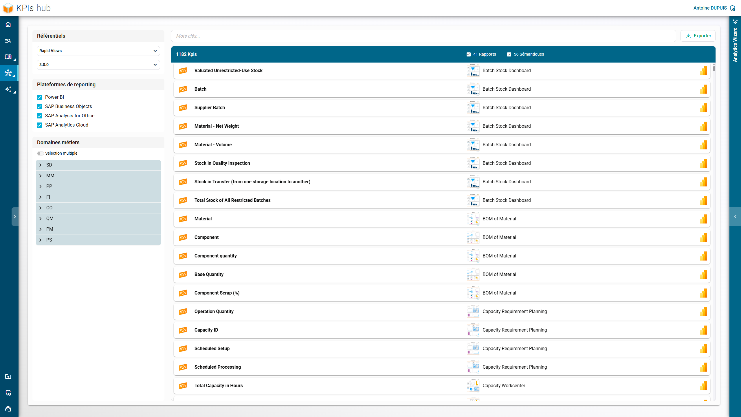 Interface du KPI Hub global dans RapidViews, vue centralisée des KPIs SAP.