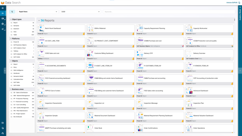 Interface of RapidViews' global Data Search module for SAP, a centralized data search engine.