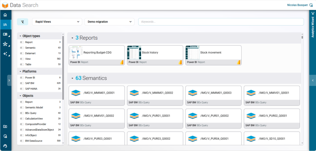 Capture d’écran présentant une vue d’ensemble du référentiel SAP BW, avec les objets principaux et leur organisation.