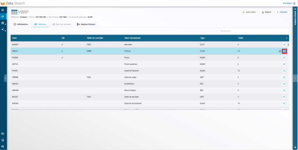 Vue de la tuile Fiori dans l’assistant analytique (Analytics Wizard) montrant la traçabilité des données.
