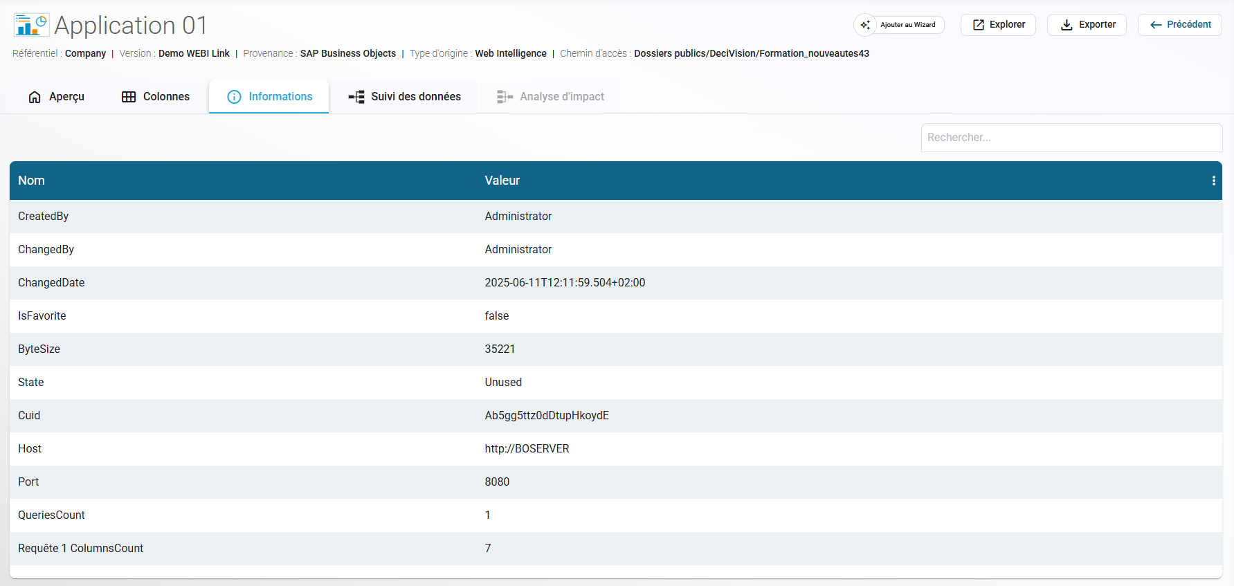 Nouvel onglet "Informations" ajouté dans Data Search pour un accès rapide aux métadonnées des objets.