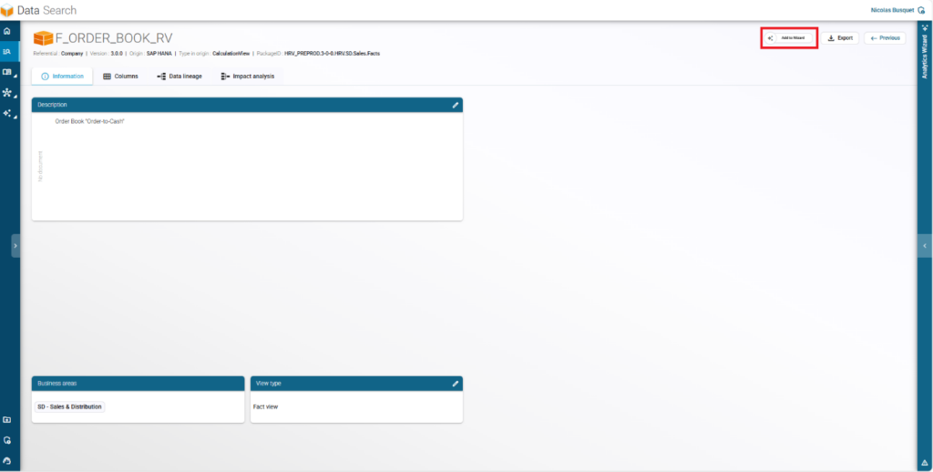 Smart Repository interface showing the F_ORDER_BOOK_RV view dragged into the analysis area.