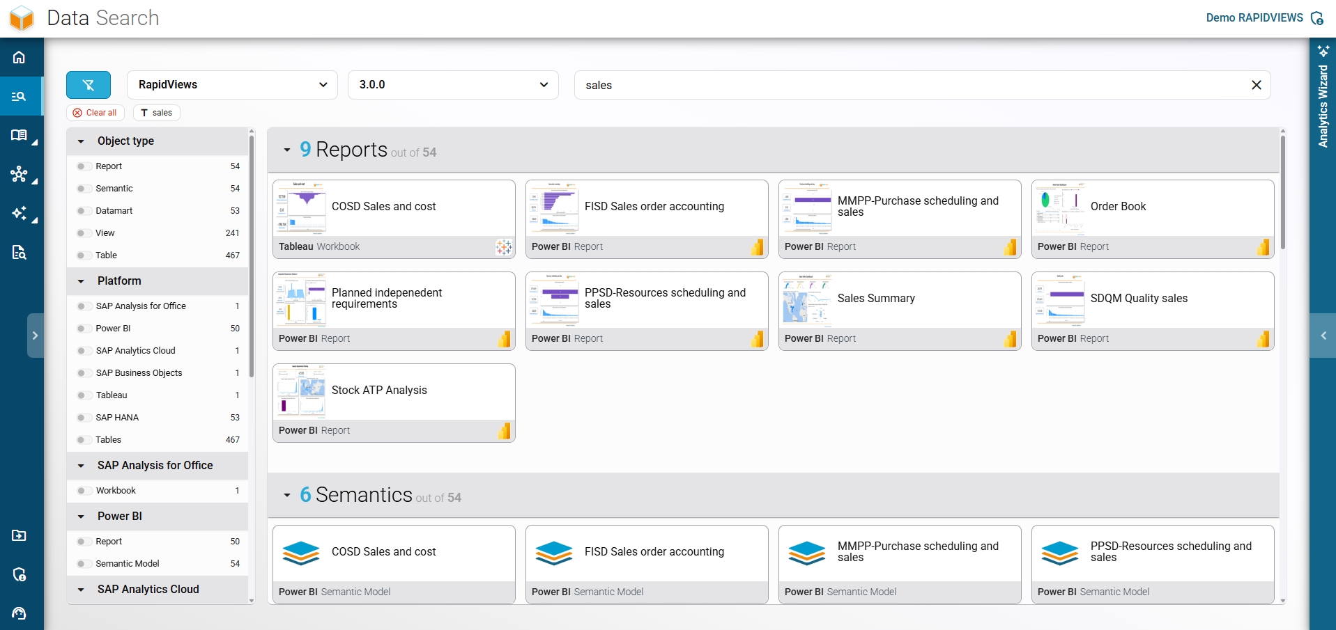 Advanced Data Search interface in RapidViews combining a keyword query with lateral filters for object type and platform.