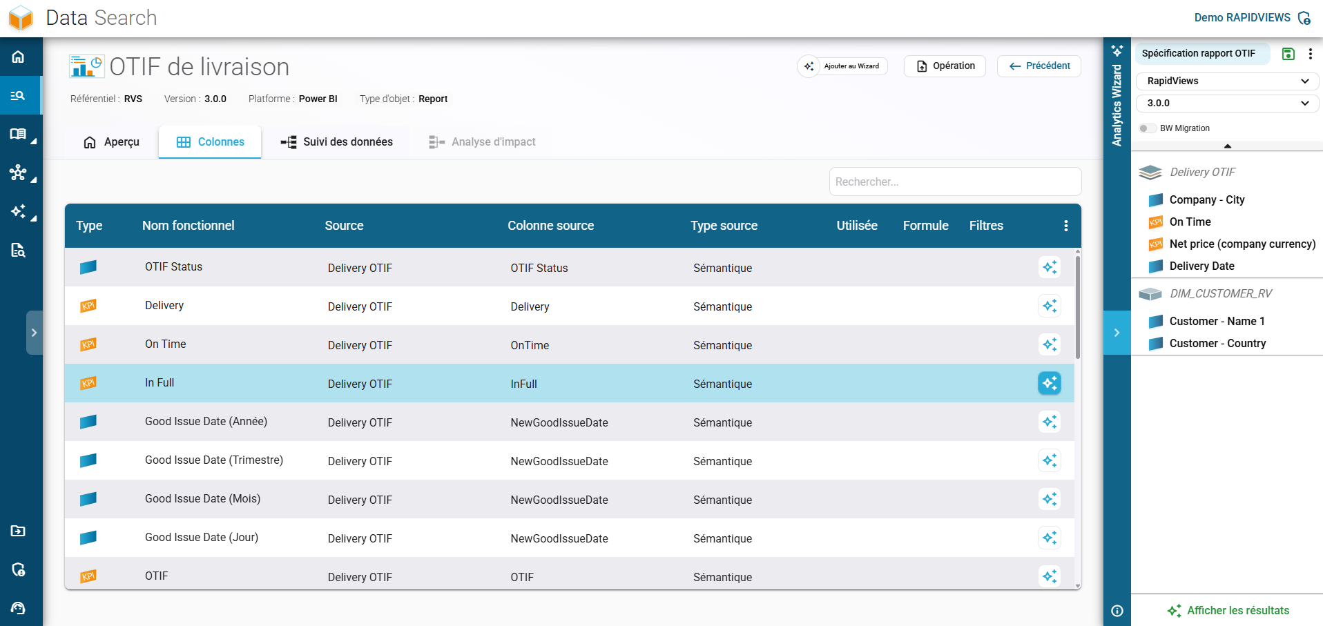 Étape de sélection dans l'Analytics Wizard de RapidViews : exploration des colonnes, dimensions et KPI d'un rapport spécifique.