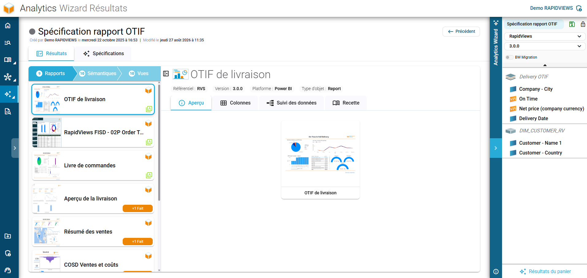 Vue d'ensemble du rapport Delivery OTIF dans l'Analytics Wizard, affichant son aperçu visuel et ses métadonnées clés.