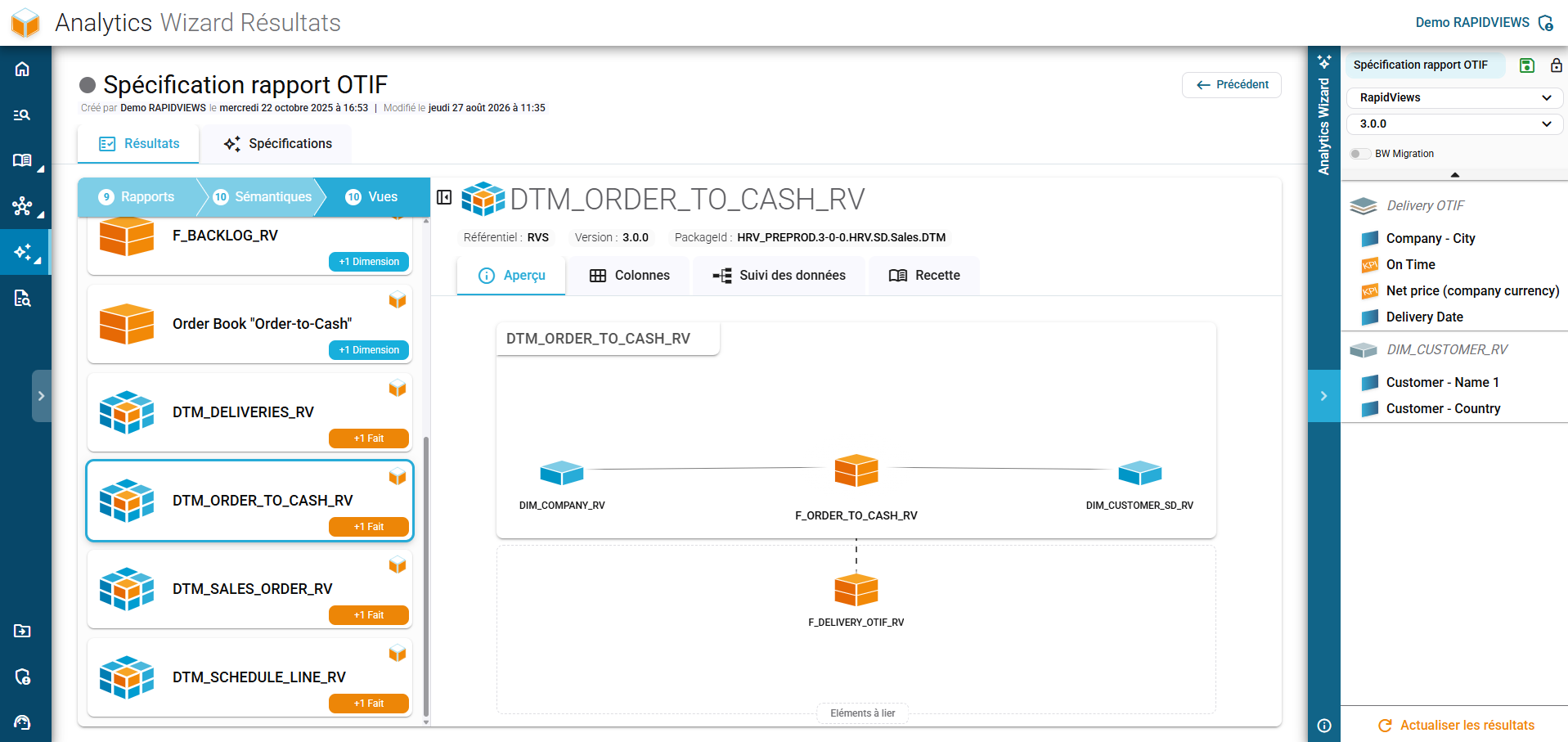 Interface de l'Analytics Wizard de RapidViews permettant de regrouper et de structurer un panier de spécifications de rapports BI.