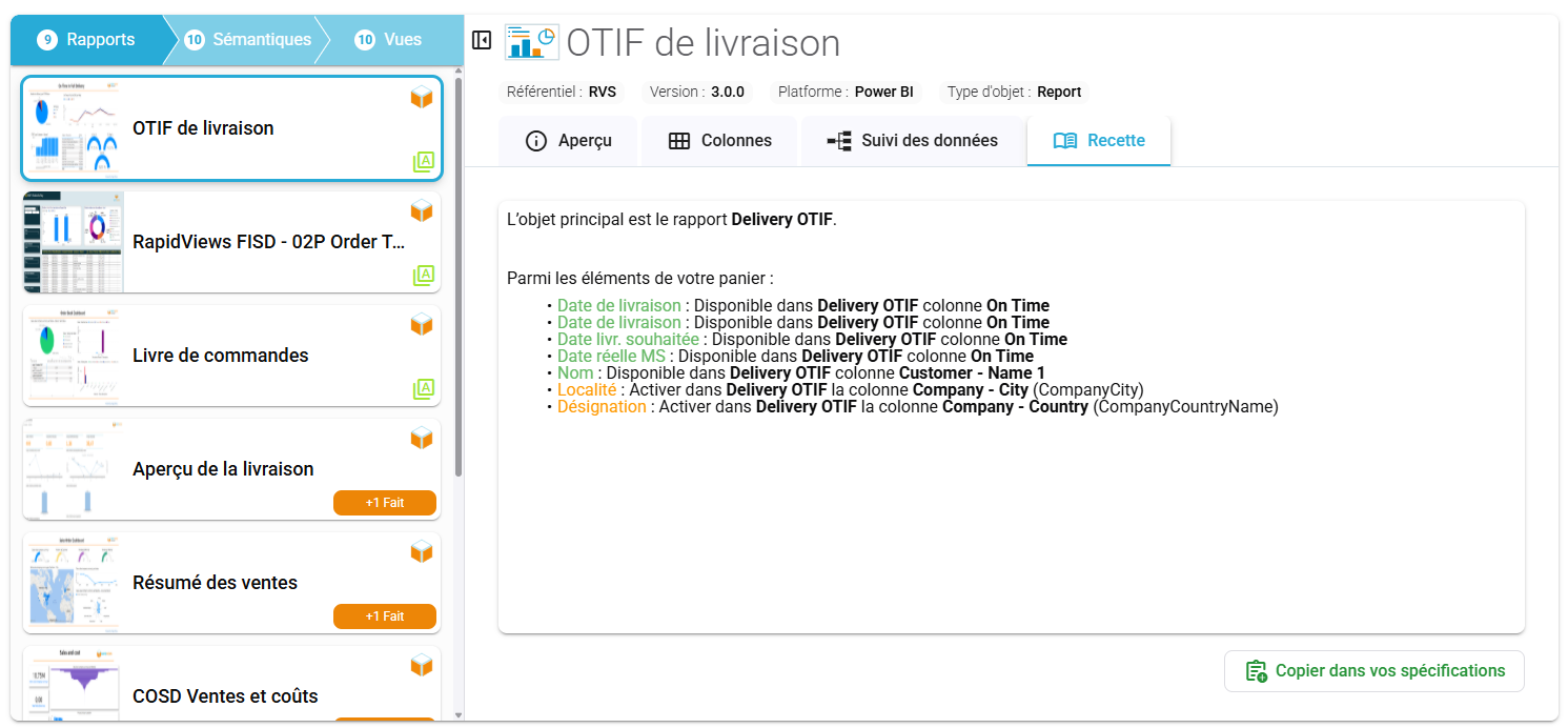 Génération des spécifications détaillées d'un rapport avec l'Analytics Wizard, listant clairement les colonnes et dimensions requises.