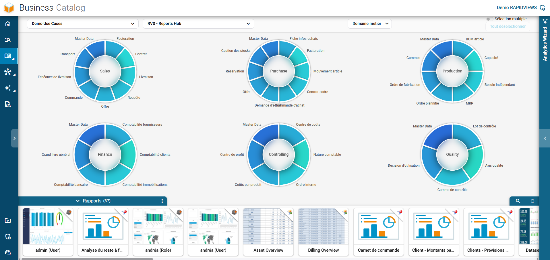 Vue principale du Business Catalog de RapidViews affichant la répartition interactive des rapports par domaines métiers.
