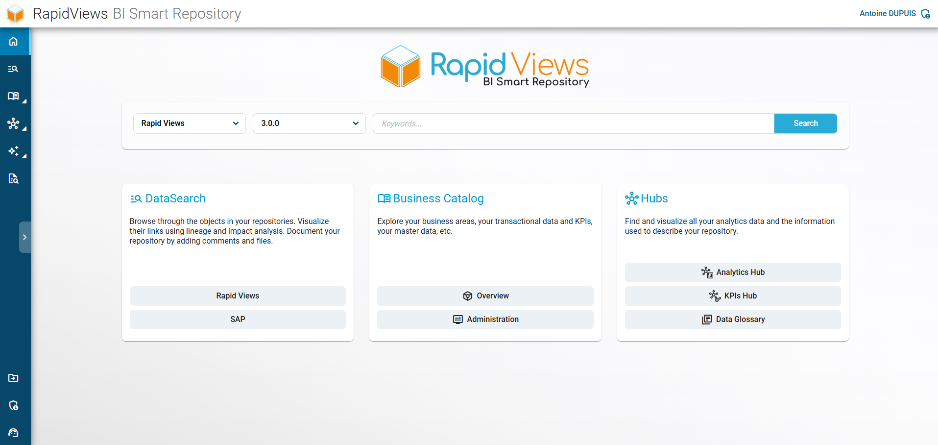 Homepage of the RapidViews BI Smart Repository providing access to global search, the business catalog, and analytics hubs.