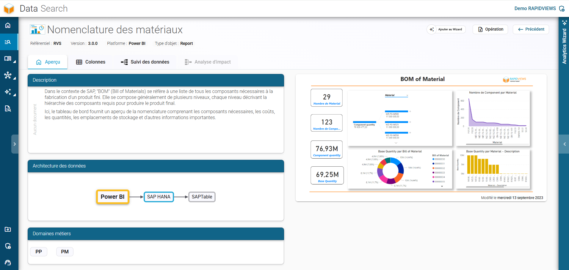 Fiche détaillée d'un rapport de nomenclature (BOM) dans RapidViews, présentant sa description complète et son architecture de données.