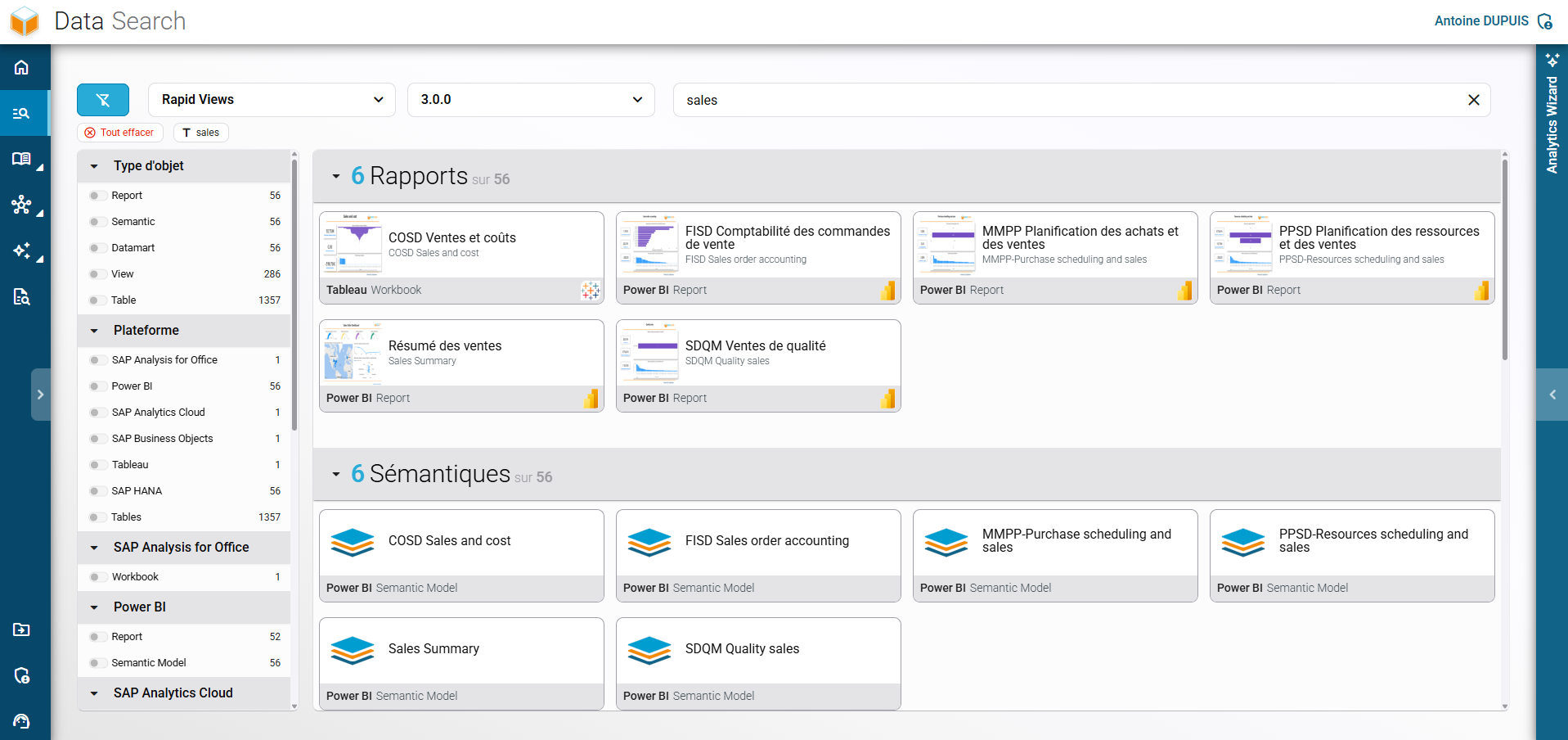Résultats de recherche par mot-clé dans RapidViews, triant les rapports et modèles sémantiques pertinents selon les filtres sélectionnés.